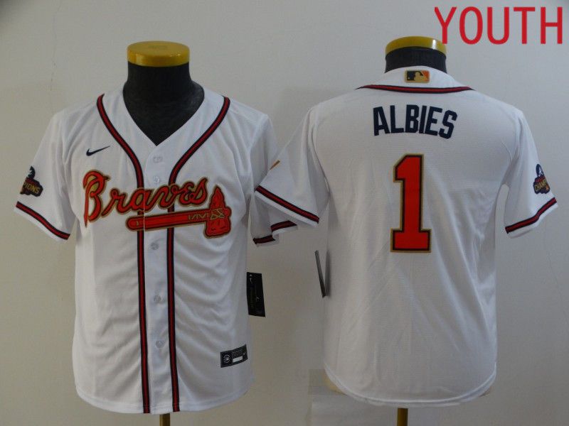 Youth Atlanta Braves #1 Albies White Gold Game Nike 2022 MLB Jersey